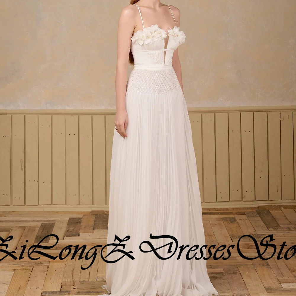 تخصيص رائعة اللؤلؤ والكريستال الأبيض الشيفون 3D الزهور فساتين السهرة مثير السباغيتي الأشرطة ساحة طوق P