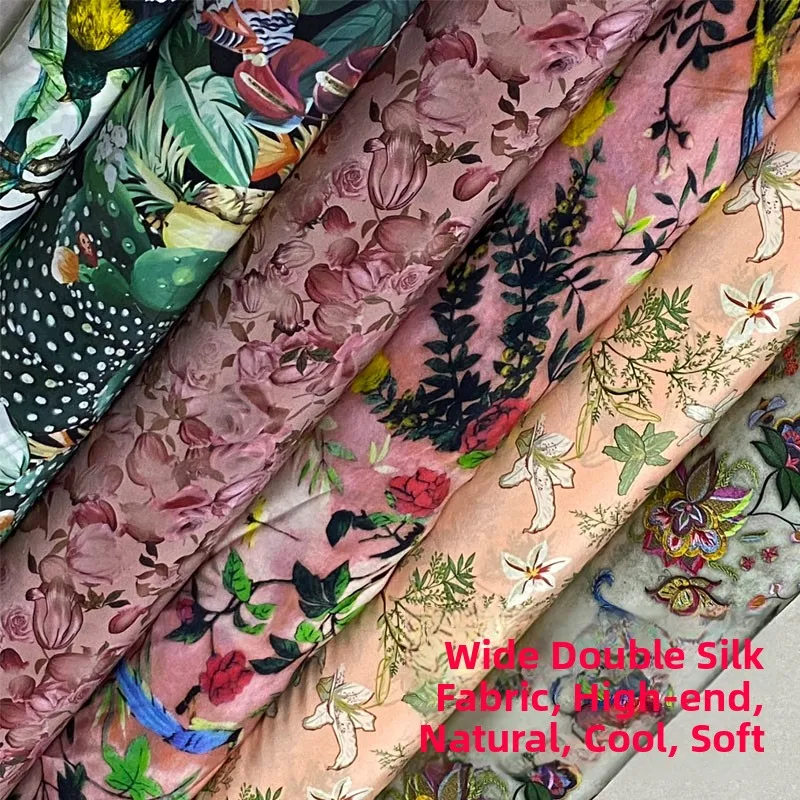 

Summer Silk Fabric Hand-Painted Floral Print Dr irt Wide-Band Elastic Double Gauze True Silk Material Vintage Sle