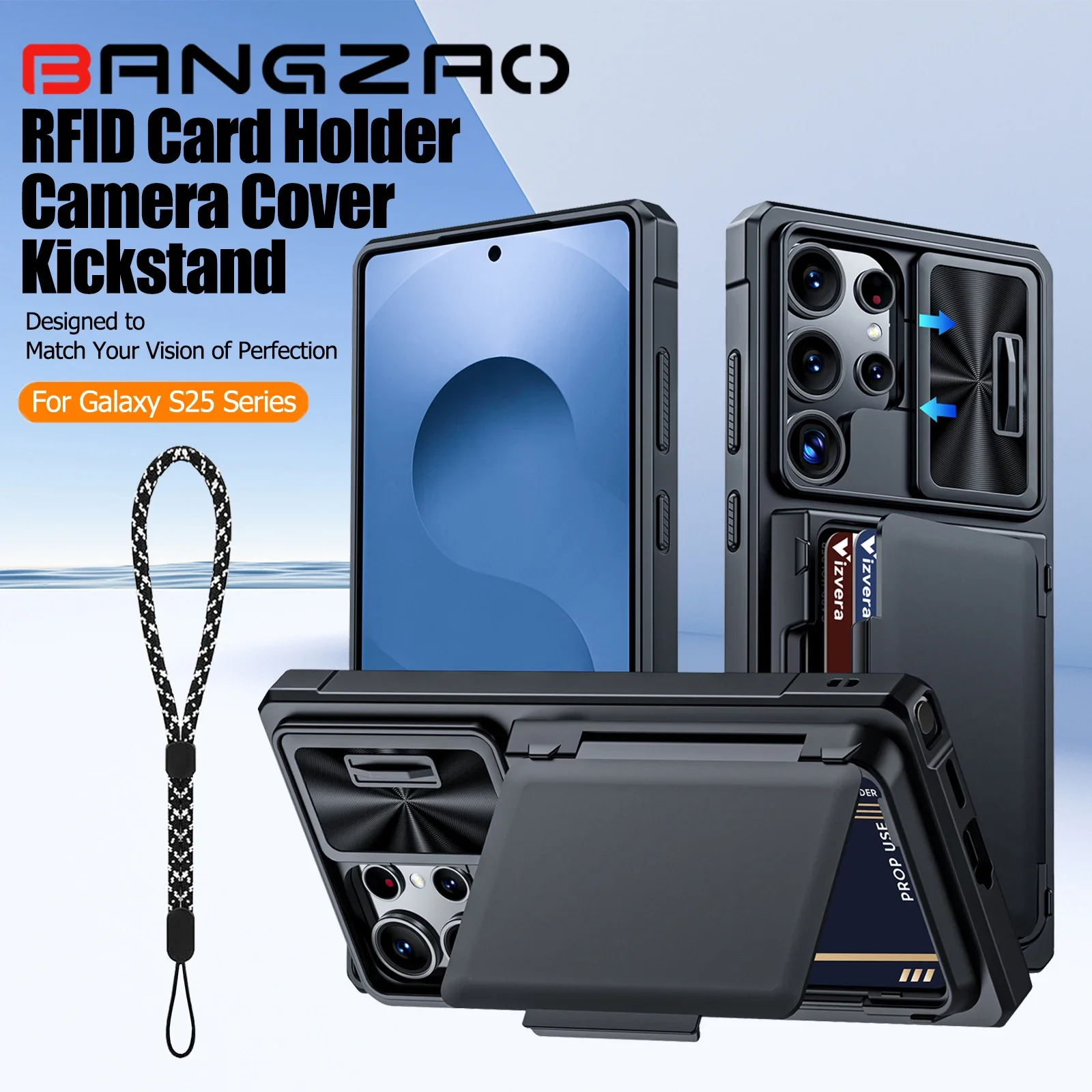 

Чехол-кошелек для Galaxy S25 Ultra, RFID-держатель для карт, камера Cove, прочный противоударный силиконовый защитный чехол для всего тела, черный