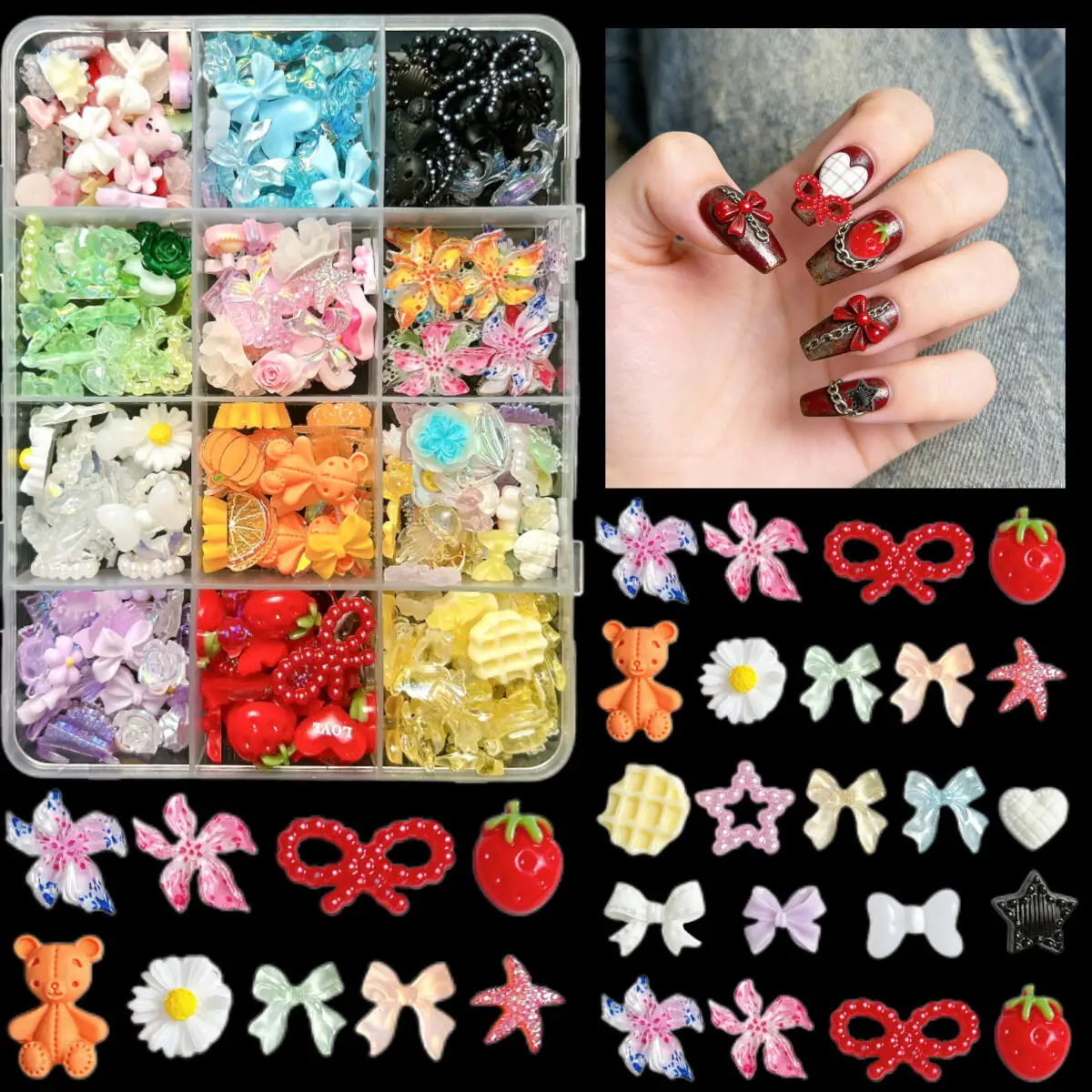 

1Box Dopamine Colored Star Creative Flower Letter Resin Nail Art Decorations 3D Alloy Cherry Bow Mixed Nail Charms for DIY Nails