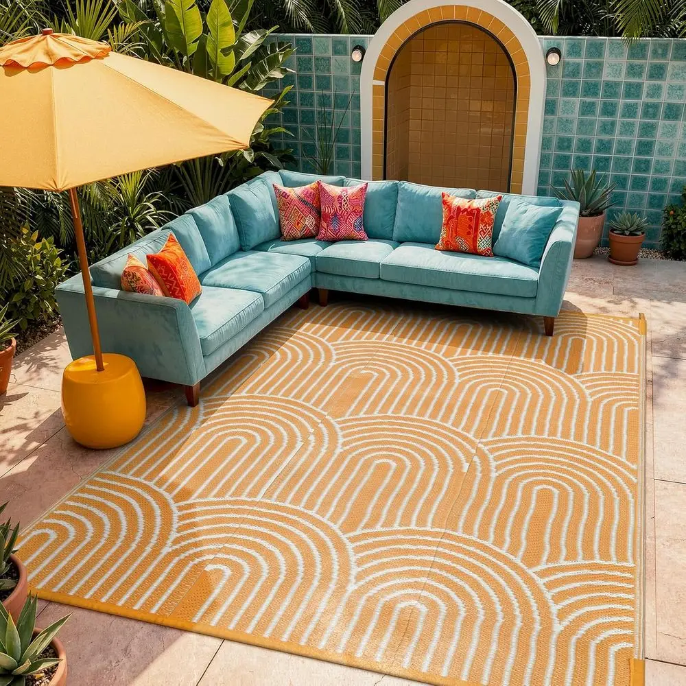 

8x10 Waterproof Reversible Outdoor Rugs for RV, Camping, Beach, and Garden in Rainbow Orange