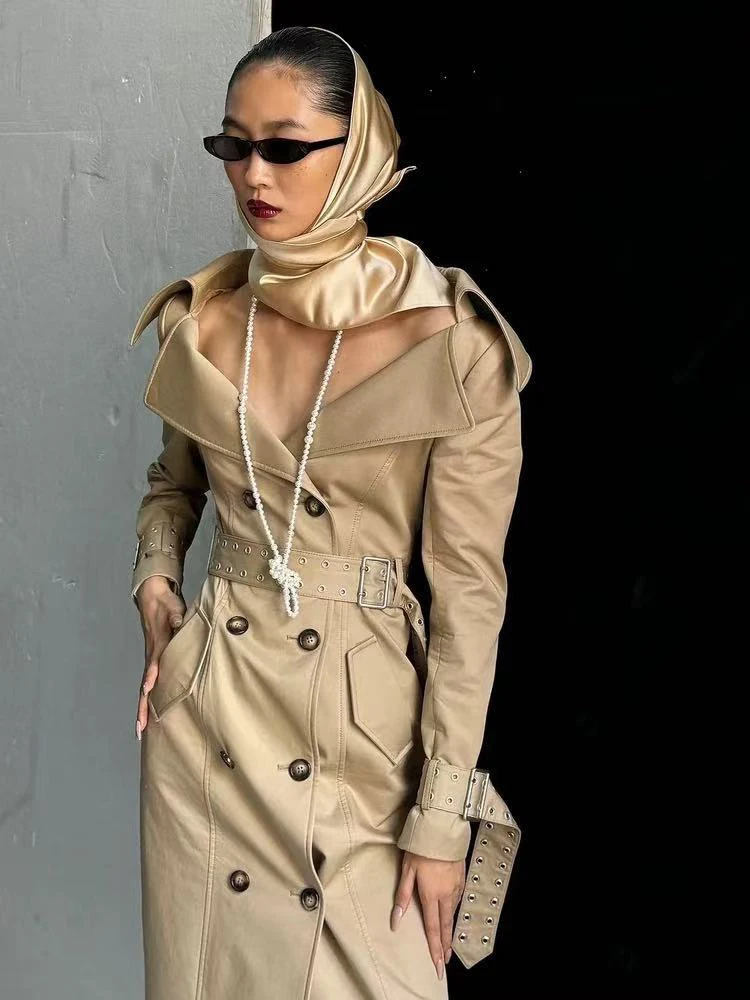 

Sexy Turn Down Collar Double Breasted Buttons Long Jacket With Belt Women Khaki Long Sleeves Slim Windbreaker Coat Evening Party