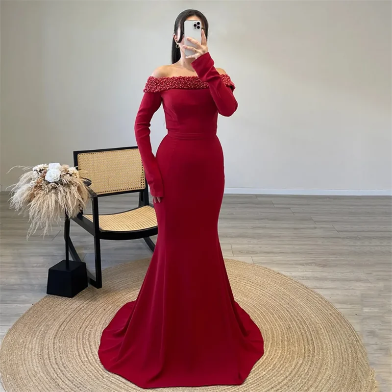 

Pearls Mermaid Evening Dress Customized Boat Neck Long Sleeves Sweep Train Robe De Soiree Prom Gown Trumpet Party Dresses