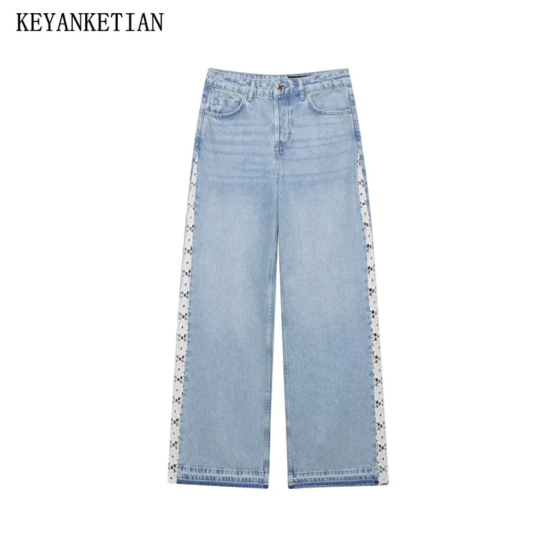 

KEYANKETIAN осенняя новая женская одежда в стиле ретро, рваные кружевные кружевные прямые потертые джинсы, повседневные брюки