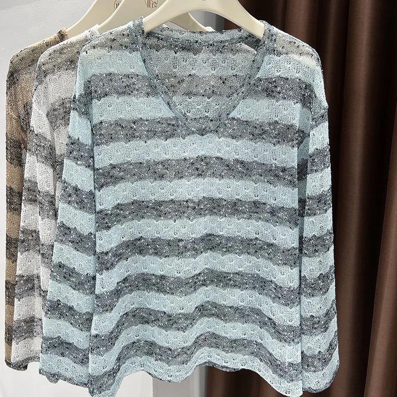 

Ice silk striped hollow knitted sunscreen blouse women's loose mid-length T-shirt long-sleeved V-neck thin lazy style top