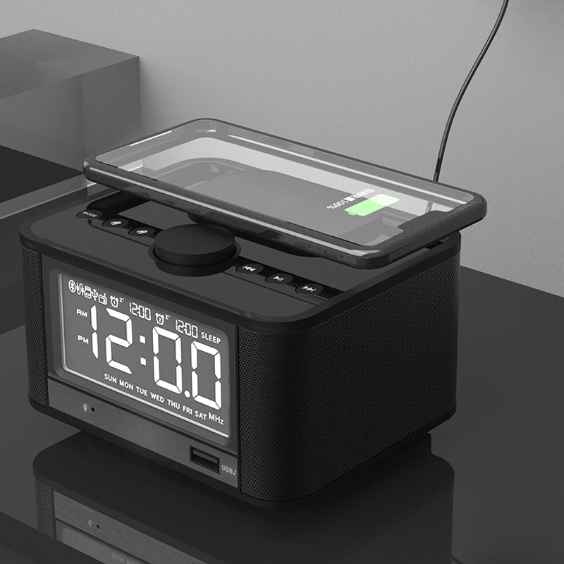 Digital Alarm Clock Radio, Bedside Wireless QI Charging, Bluetooth Speaker With EU/UK/US Plug