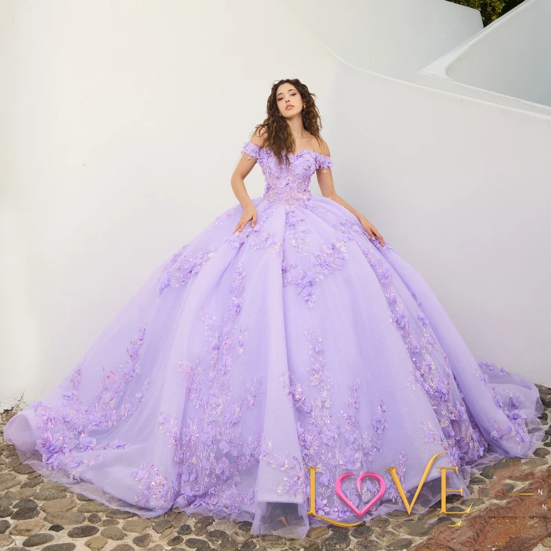 

Lavender Shiny Quinceanera Dress Off Shoulder Corset Ball Gown Applique Lace Beads Tull Sweet 16 Vestidos De 15 Años