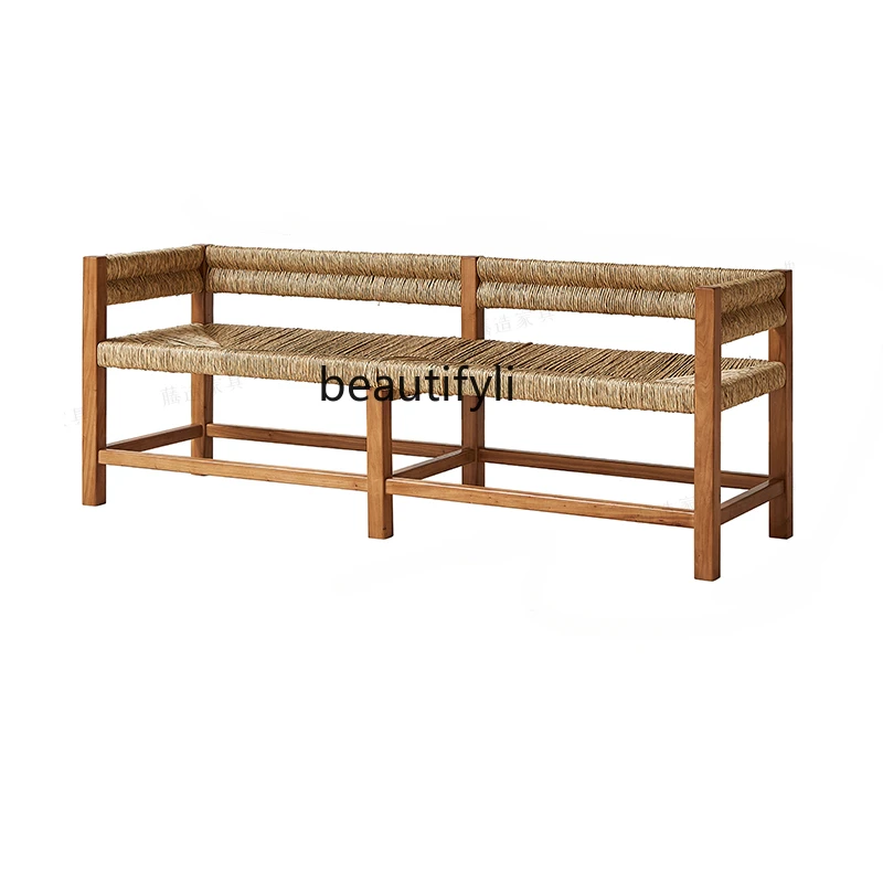 Handmade Straw Rope Woven Bench Bed & Breakfast Leisure Solid Wood Bench Balcony Courtyard Seat Simple Art