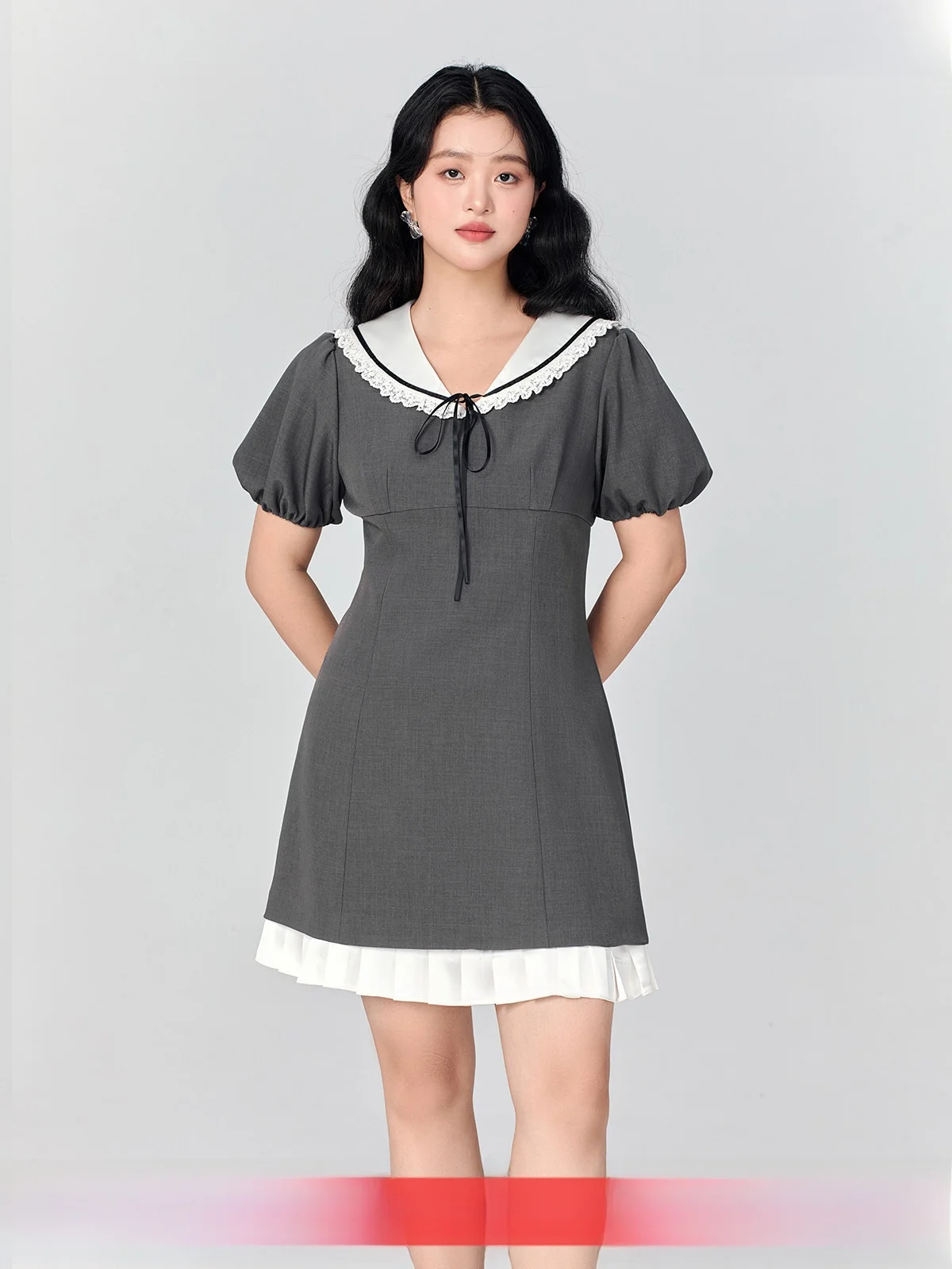 GW plus Size Navy Collar ort Sve Dr Ele Waist Cinching Slimming A-Line Midi Dr สำหรับผู้หญิงไซส์ใหญ่ ฤดูร้อน ใหม่