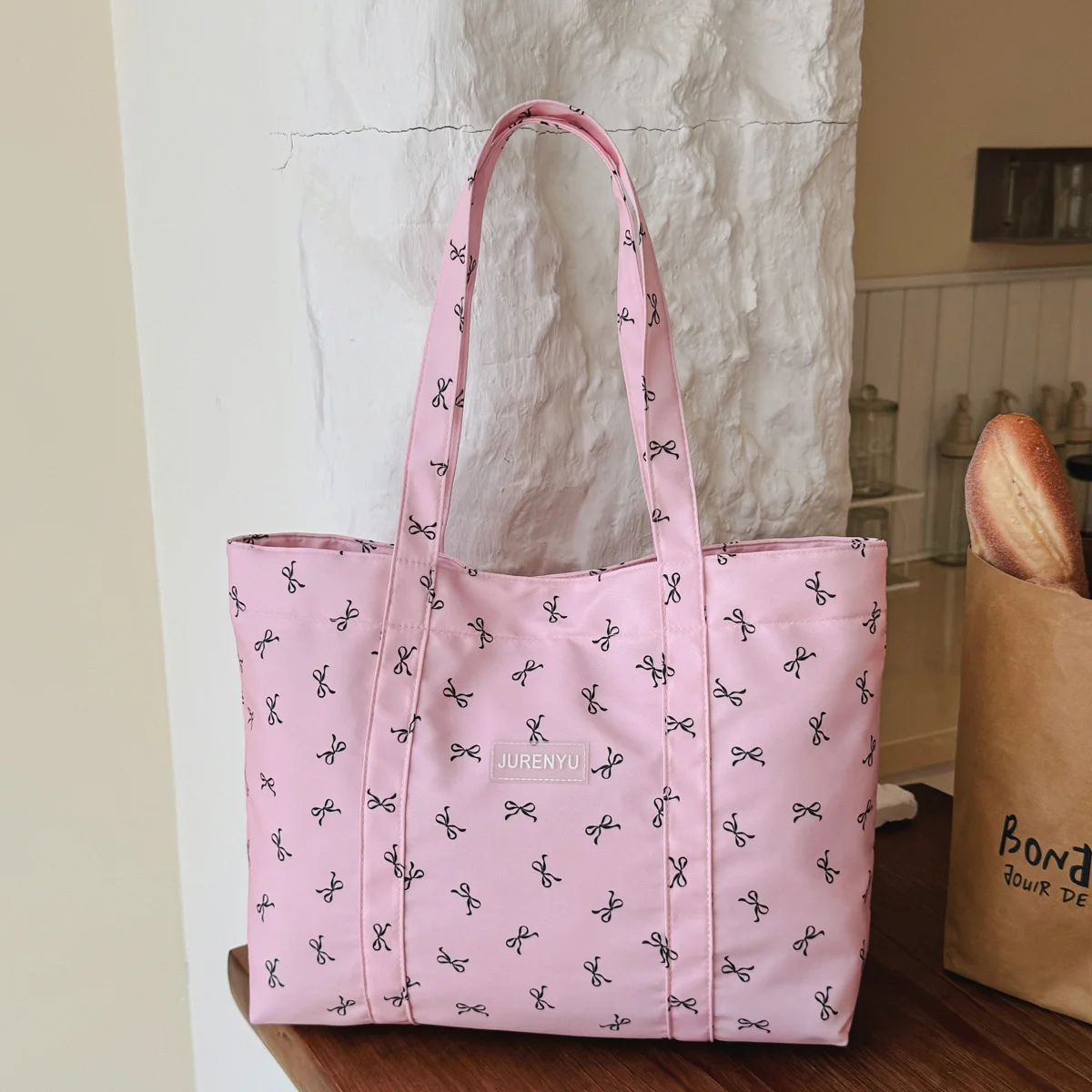 

Casual Fashion Women Tote Bag Bow Print Solid Shoulder Bag Large Capacity Lightweight Handbag for Daily Commute Shopping