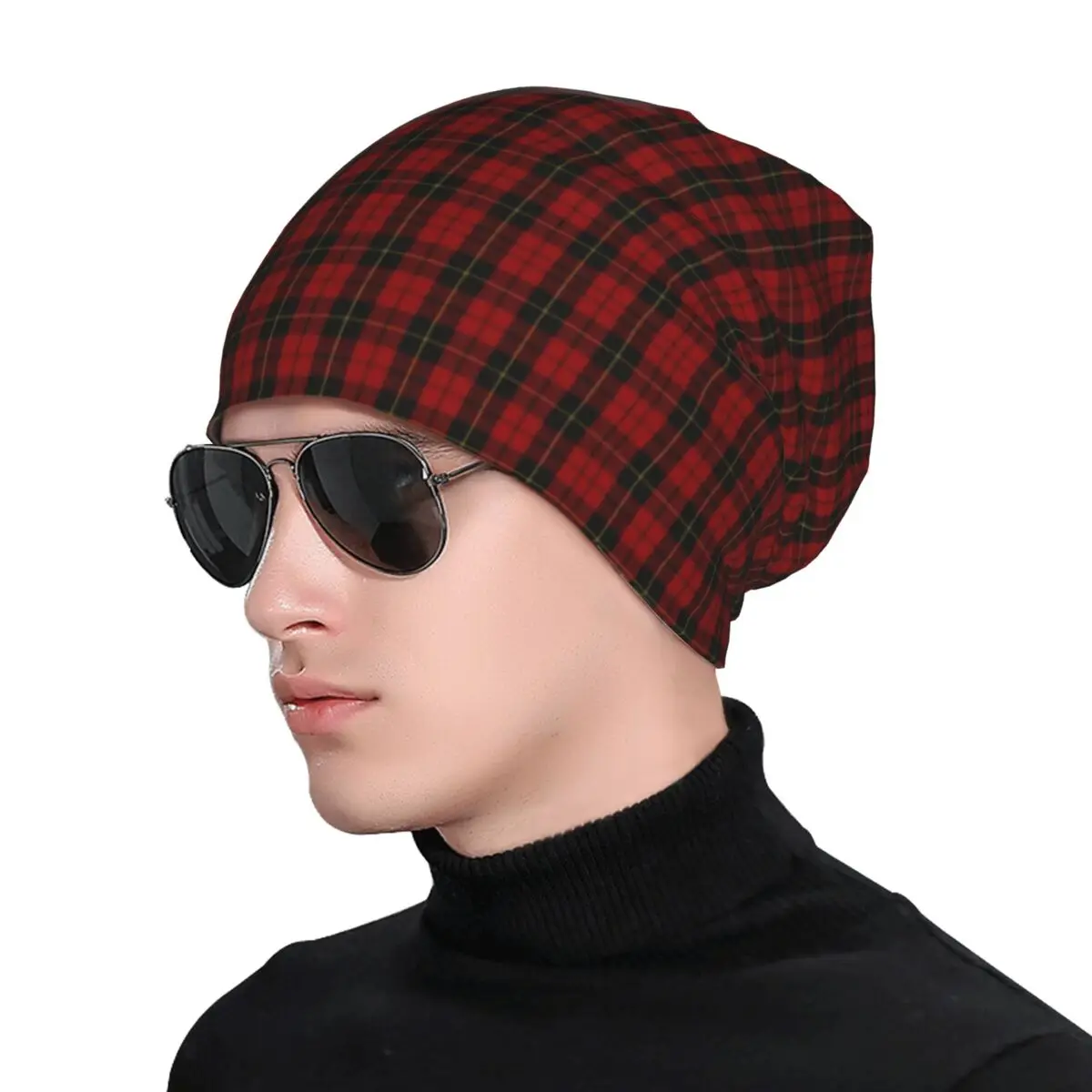 Red Modern Tartan Plaid Skullies Beanies Caps Unisex Winter Warm Knitted Hat Adult Check Gingham Bonnet Hats Outdoor Ski Cap