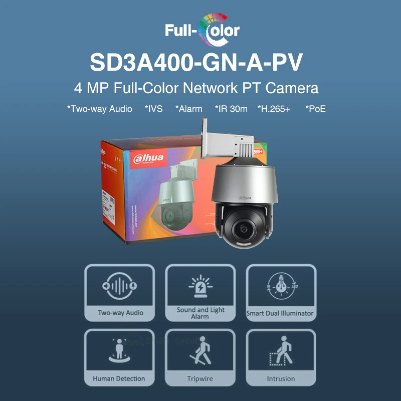 Dahua 4MP HD Full Color PT Camera Smart Dual Illuminators Two-way Audio Security Protection IR 30m Mini CCTV SD3A400-GN-A-PV PoE