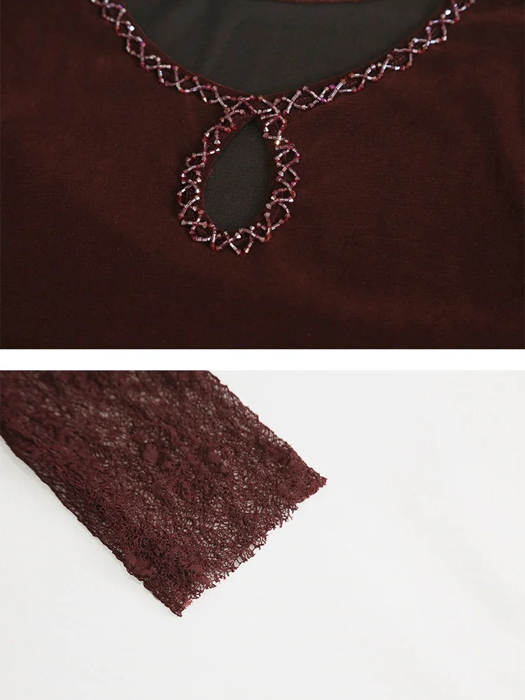 High Quality Velvet Long Sleeved T-shirt For Women Autumn Sexy O-Collar Hollow-Out Beaded Slim fit Top European Clothing ﻿
