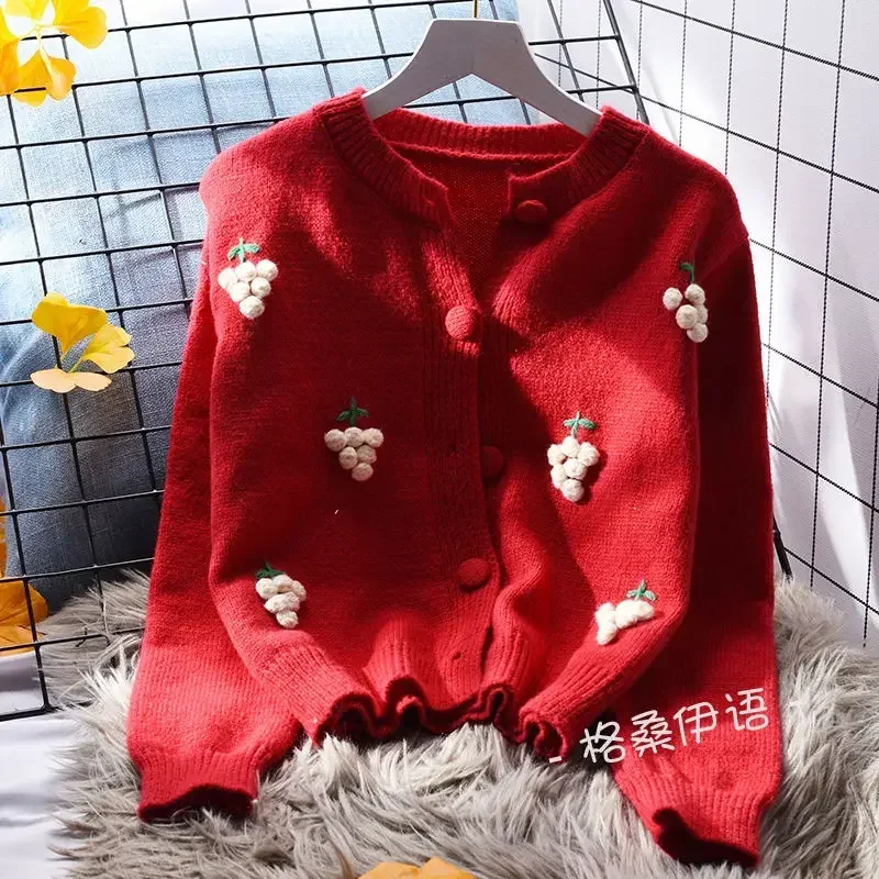 DAYIFUN Sweet O Neck Knitted Cardigan Women New Japanese Kawaii 3D Embroidered Short Sweater Lady Loose Spring Outerwear Tops