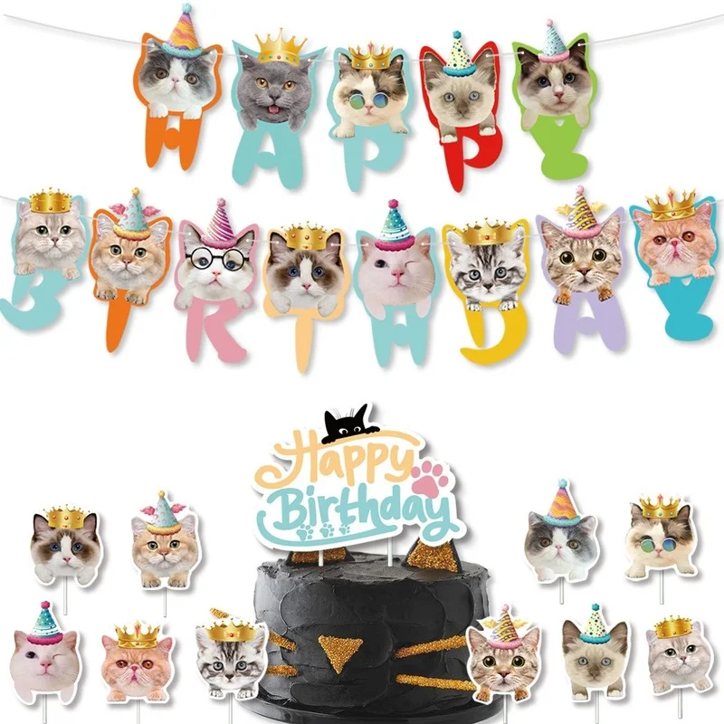 Pet Cat Birthday Party Decoration Happy Birthday Banner Cute Cat Cake Toppers Dessert Dress Up Supplies Gifts