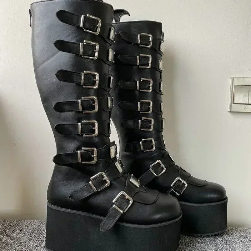 Botas Punk para mujer, Cosplay, cuñas de plataforma de tacón alto para mujer, botas altas con hebilla gótica, botas de cuero de tubo largo para mujer