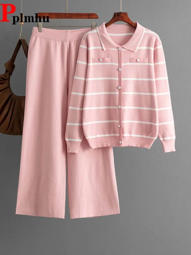 

Striped Baggy Knitted 2 Piece Set Women's Casual Polo Neck Sweater Pullover Conjuntos High Waisted Straight Pants Ensemble