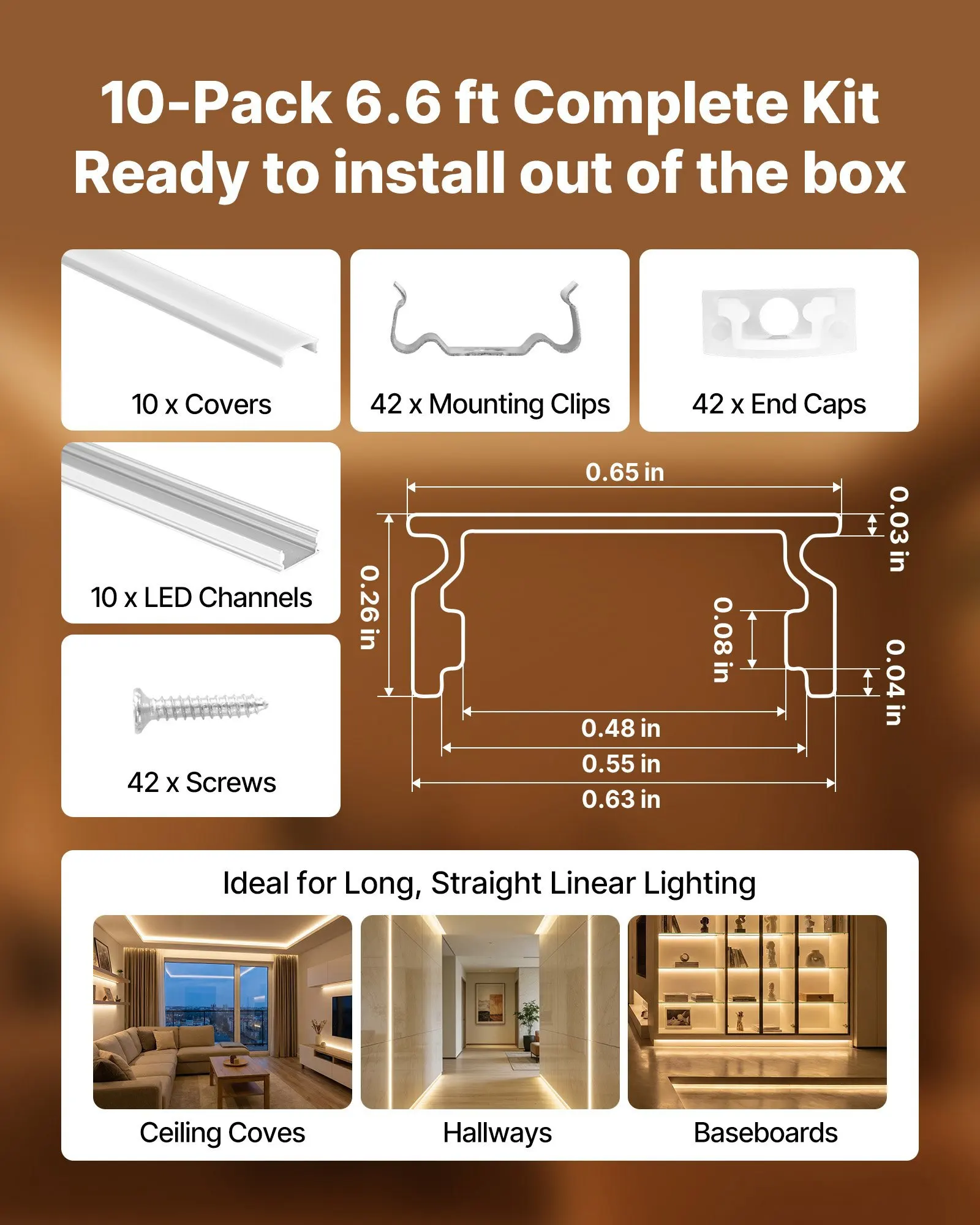 

Набор из 10 штук: U-образный алюминиевый профиль для светодиодной ленты, 6,6 футов/2 м, с молочно-белым рассеивателем, заглушками и крепежными клипсами.