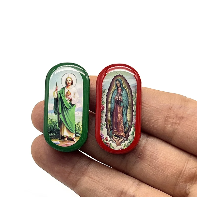 20 Pieces Oval Accessories Wood St.Jude And Virgin Mary Two Side Drop Oil  Religious  Perforated  Can Made Into DIY  Bracelets