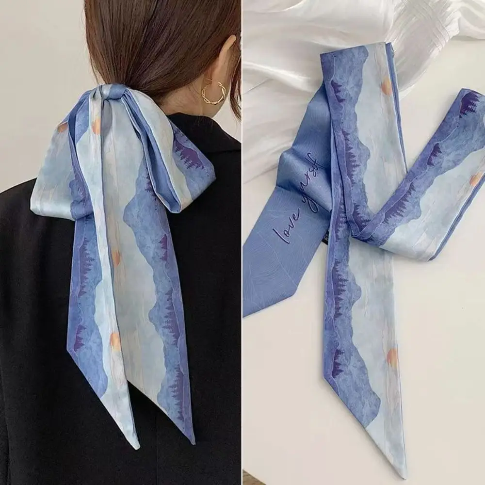 Fashion Floral Headband Oil Painting Chinese Style Headscarves Ribbon Butterfly Tie Hair