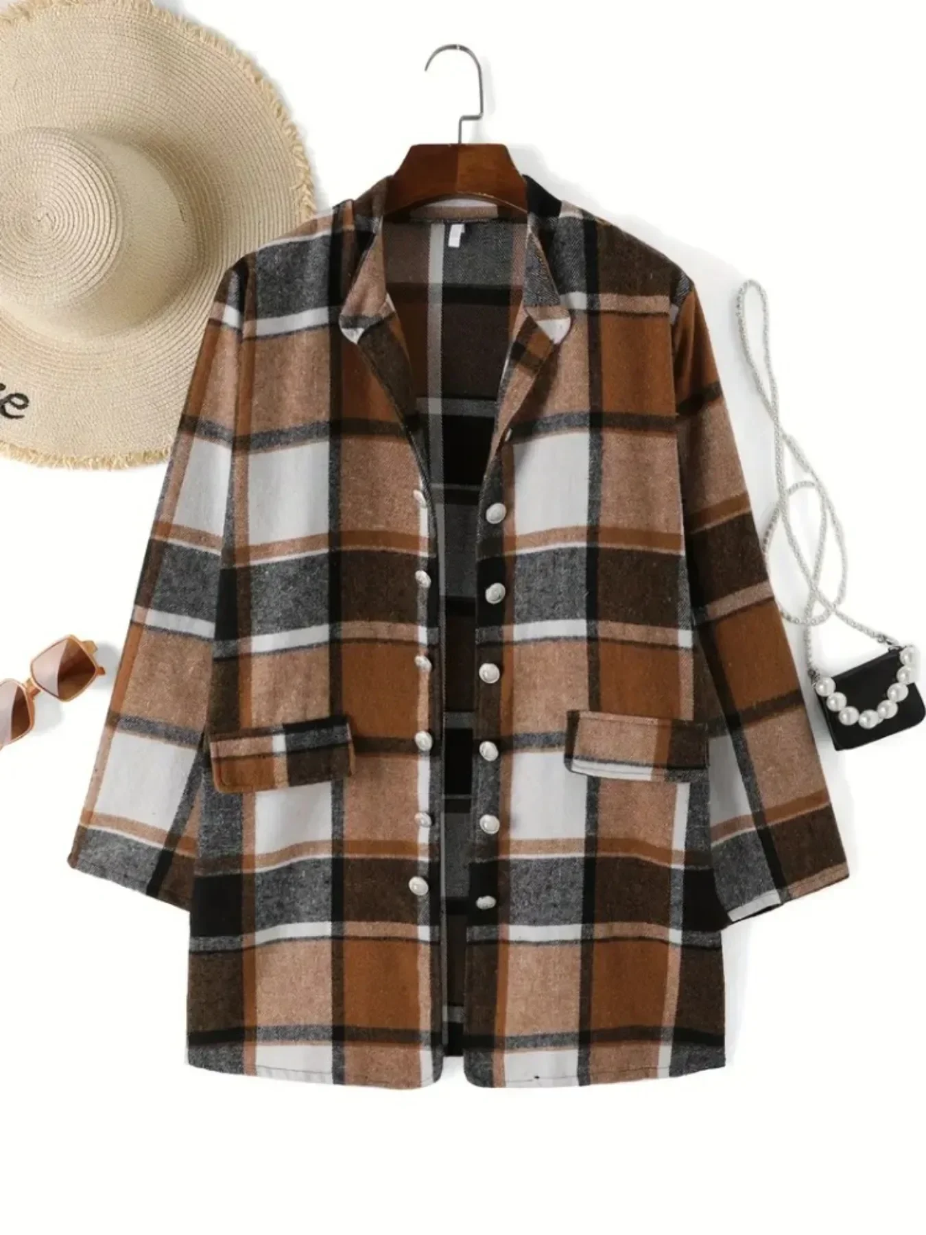 Plus Size 1XL-5XL Dámská módní s dlouhým rukávem, kostkovaný tisk, dámská ležérní podzimní a zimní tunika s knoflíky a výstřihem do V - náhled 5