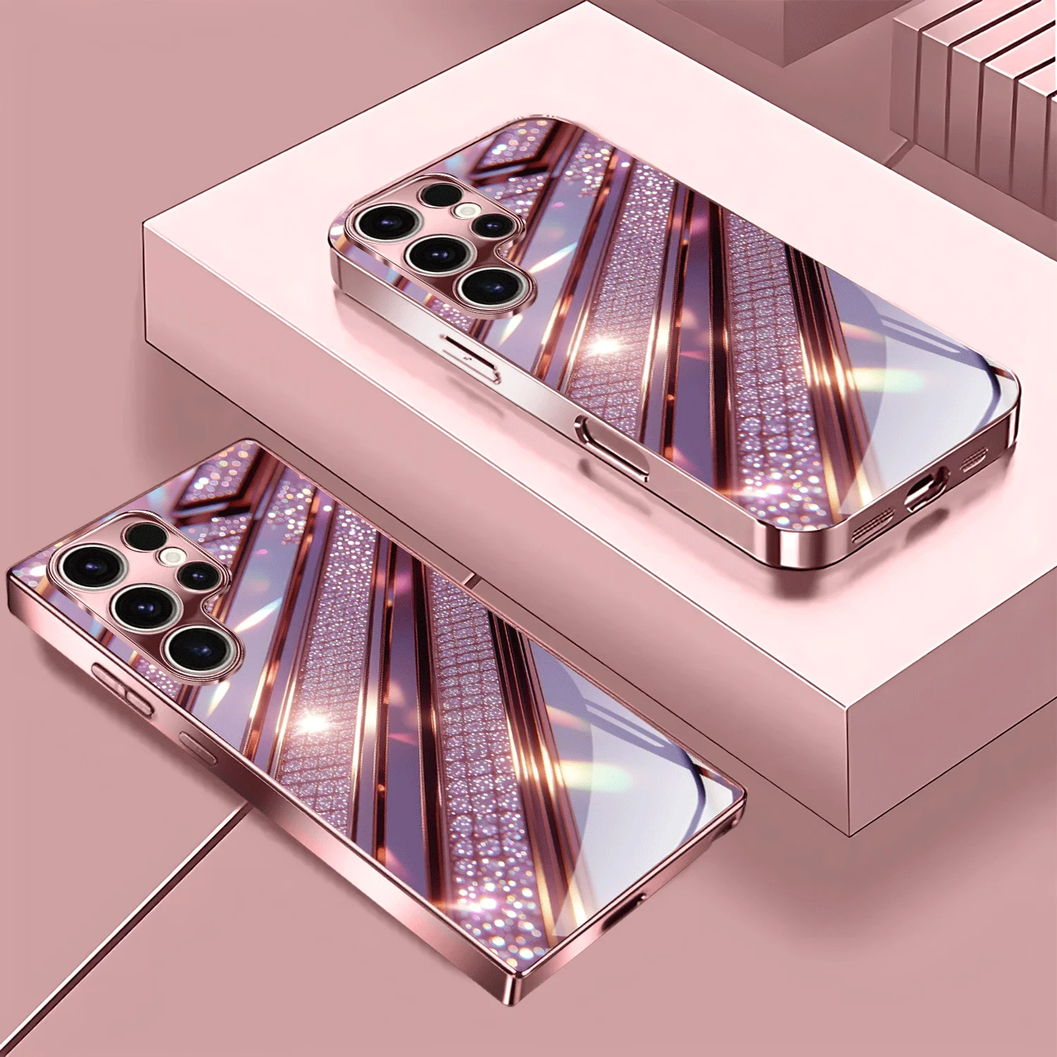 Line rose gold patterned glass phone case suitable for Samsung Galaxy S26 S25 S24 S22 S21 S20 FE/Ultra/Plus hard case