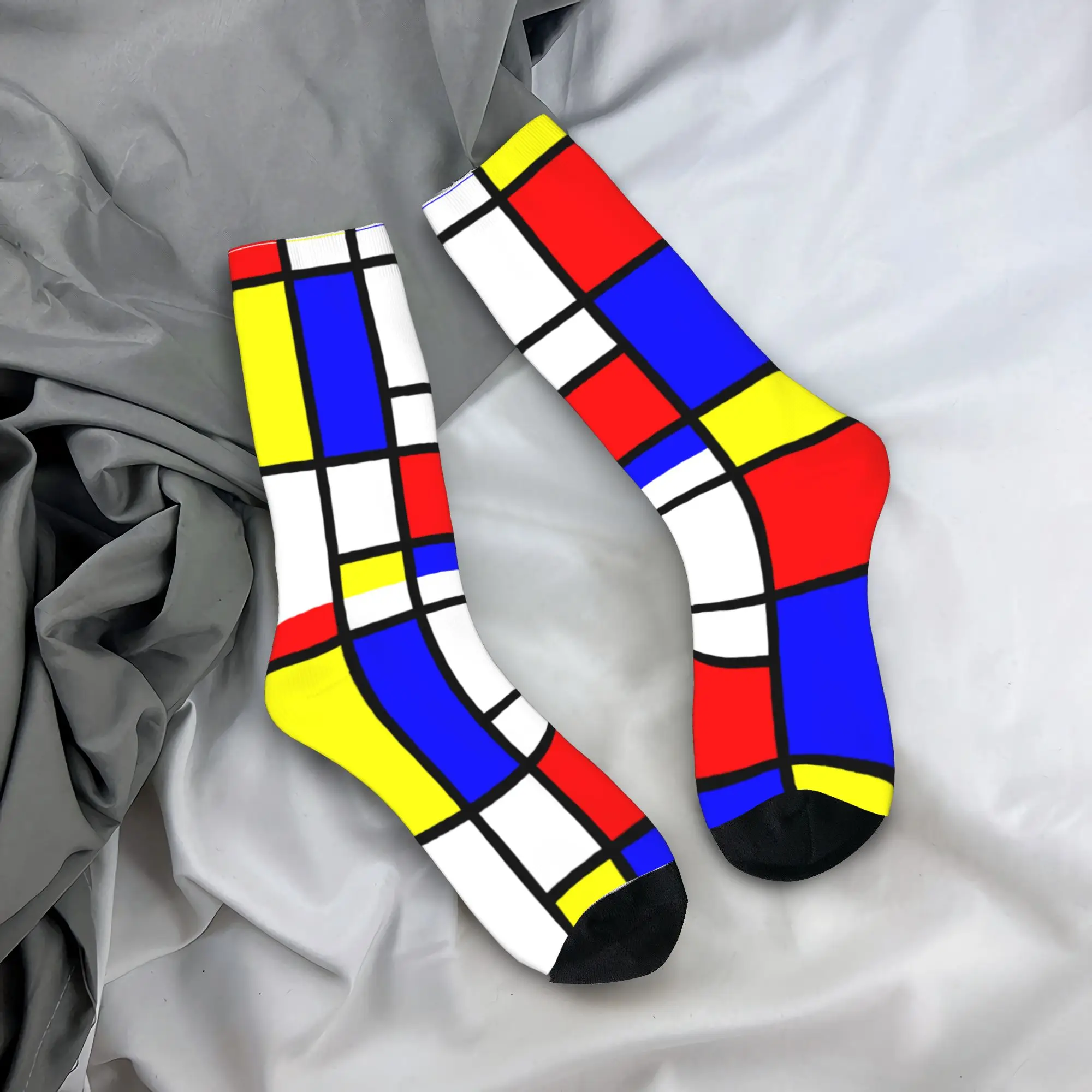 

Custom Geometric Modern Mondrian Dress Socks for Men Women Warm Fashion Color Art Plaid Crew Socks