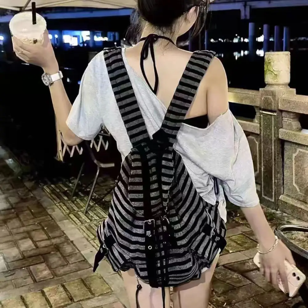 Casual Korean Style Backpacks Drawstring design Large Capacity Bookbags Soft Flat Stripe Tote Bags Unisex