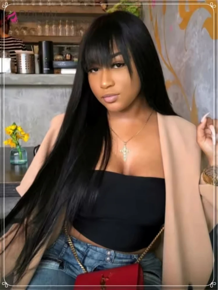 

Straight Human Hair Wigs with Bangs Full Machine Made Wig 180% Density Brazilian Bangs Wigs For Women Natural Black Wigs BPHW