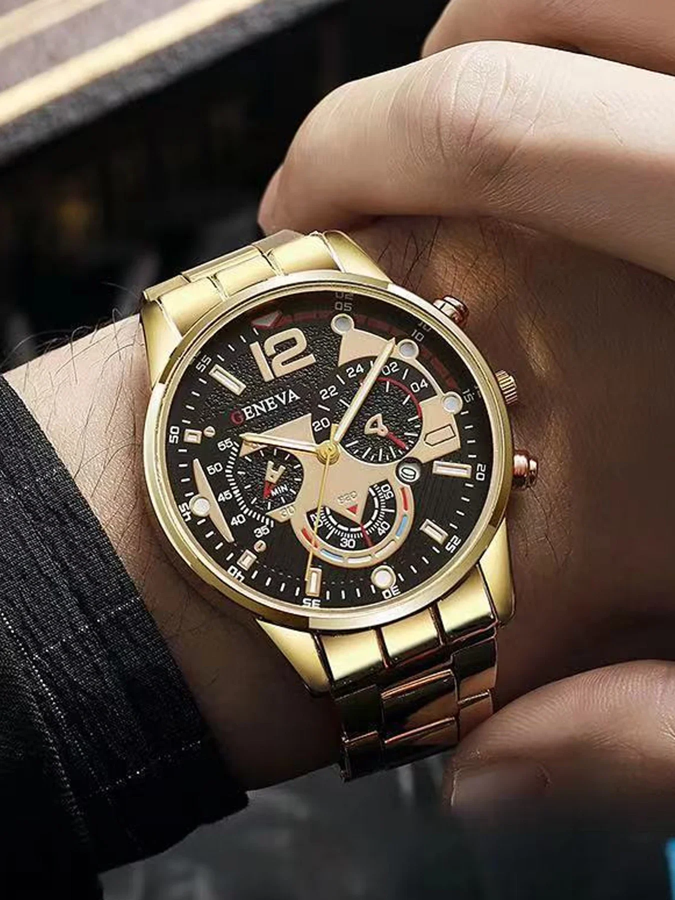 6Pcs Geneva Men Quartz Watch Set,6 Styles Weekly Rotation Wear Fake Chronograph Steel Band Male Wristwatch