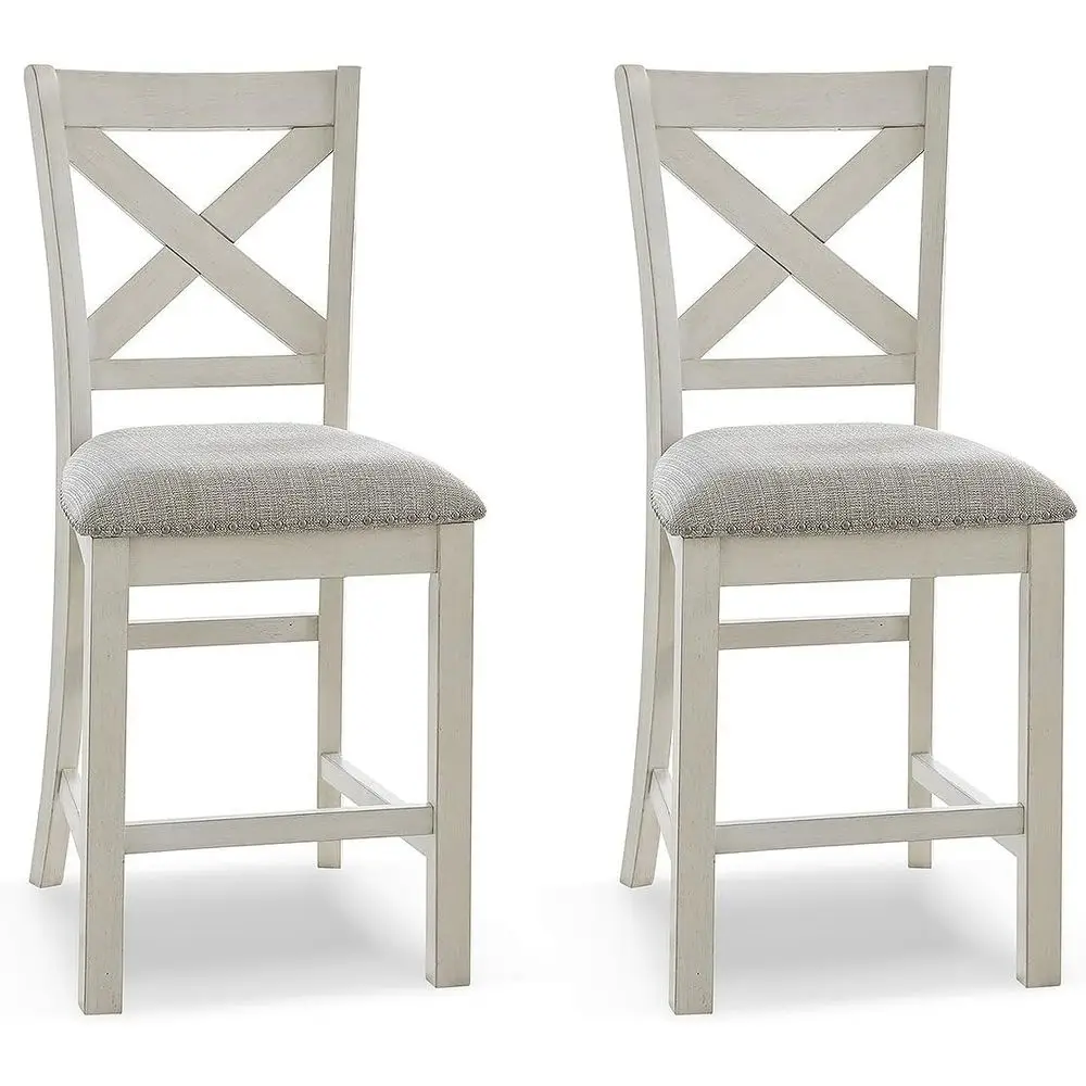 

Upholstered X-Back Barstool Set of 2, Nail-Trimmed, Wooden, 24.75 High, White & Light Gray