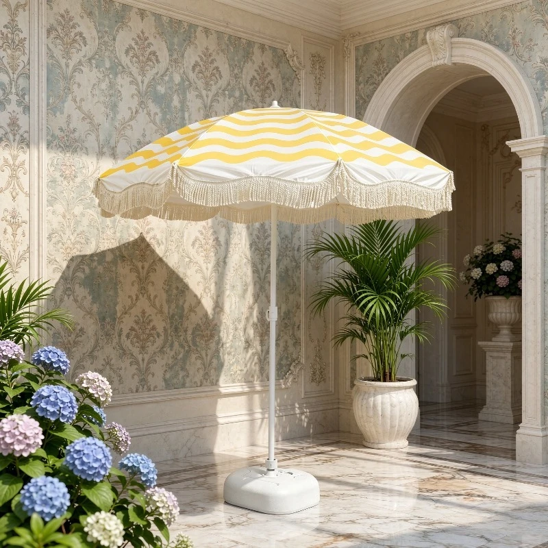 Tasseled Boho Outdoor Sun Umbrella Manual Steel Pole Large Patio Beach Garden Parasol UV Waterproof for Cafe Yard Decor