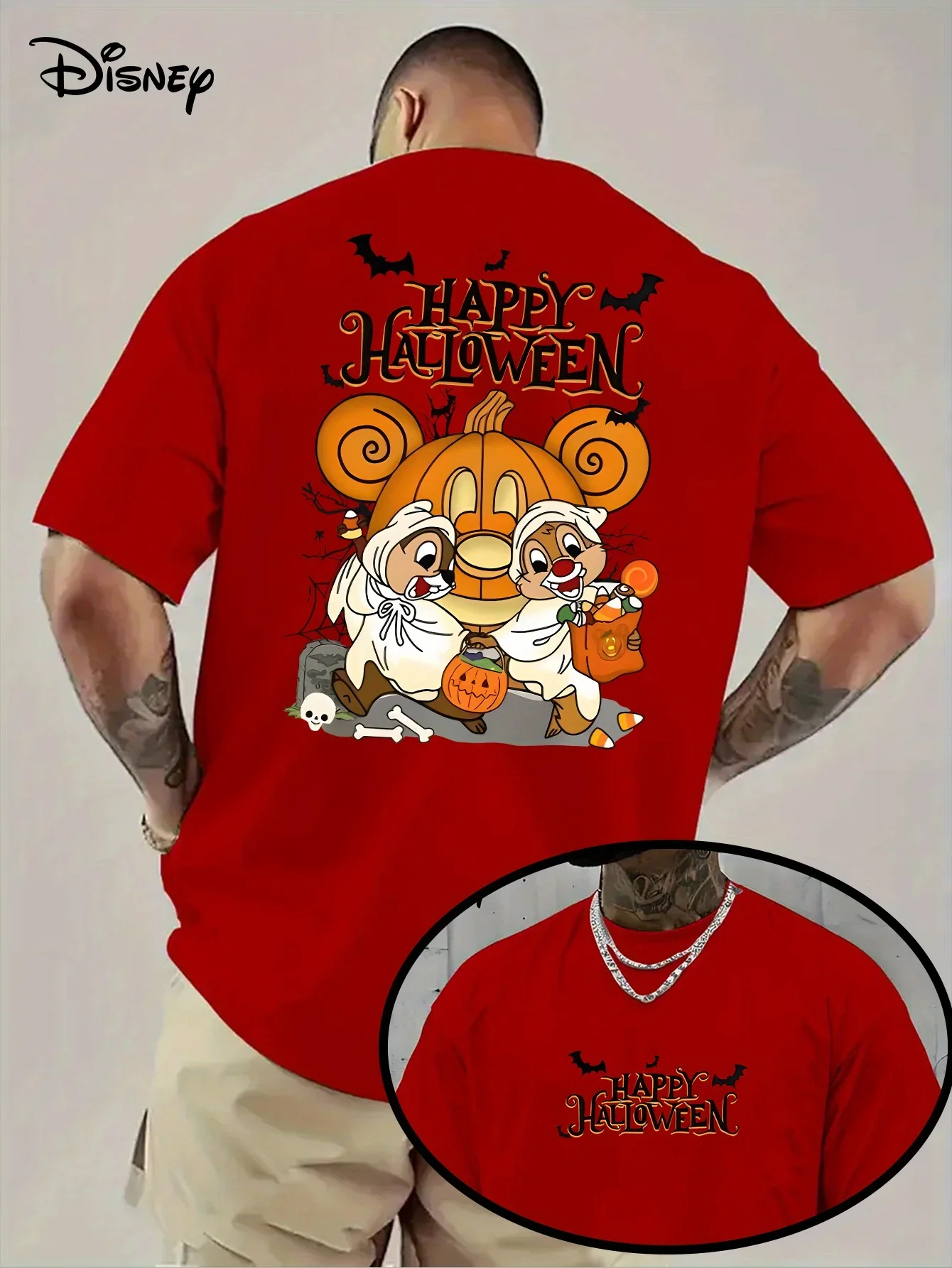 Disney Halloween Chip and Dale Men's Summer T-shirt, Pure Cotton Short-sleeved High-quality Top, Casual and Versatile for Men