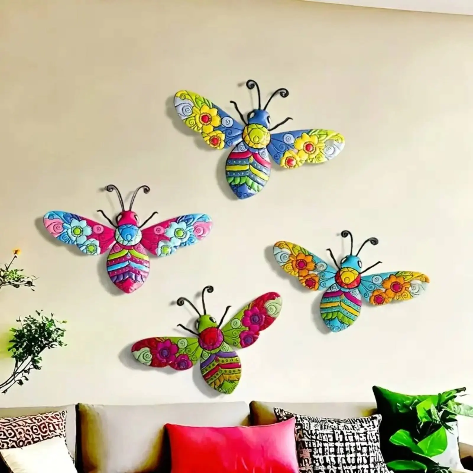 4 Pieces Iron Bee Wall Hanging Indoor Outdoor Use Metal Bee Wall Decor Bumblebee Garden Art Floral Pattern Petals for Fence - view 5