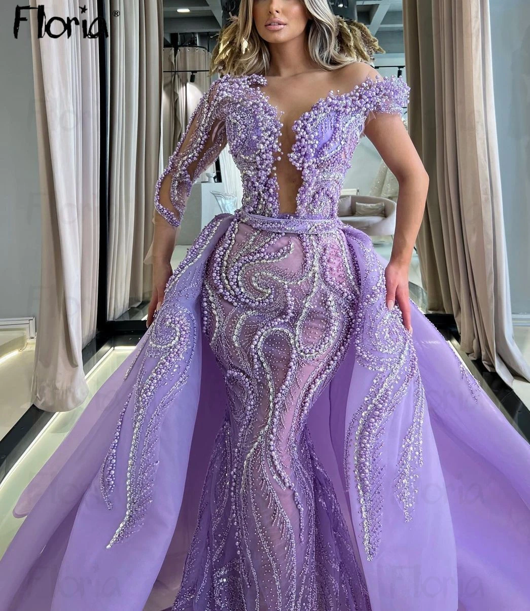 Gorgeous Lilac Deep V Neck Evening Dresses Heavy Handmade Beaded Mermaid Wedding Party Gowns Luxury Vestidos De Gala Customized