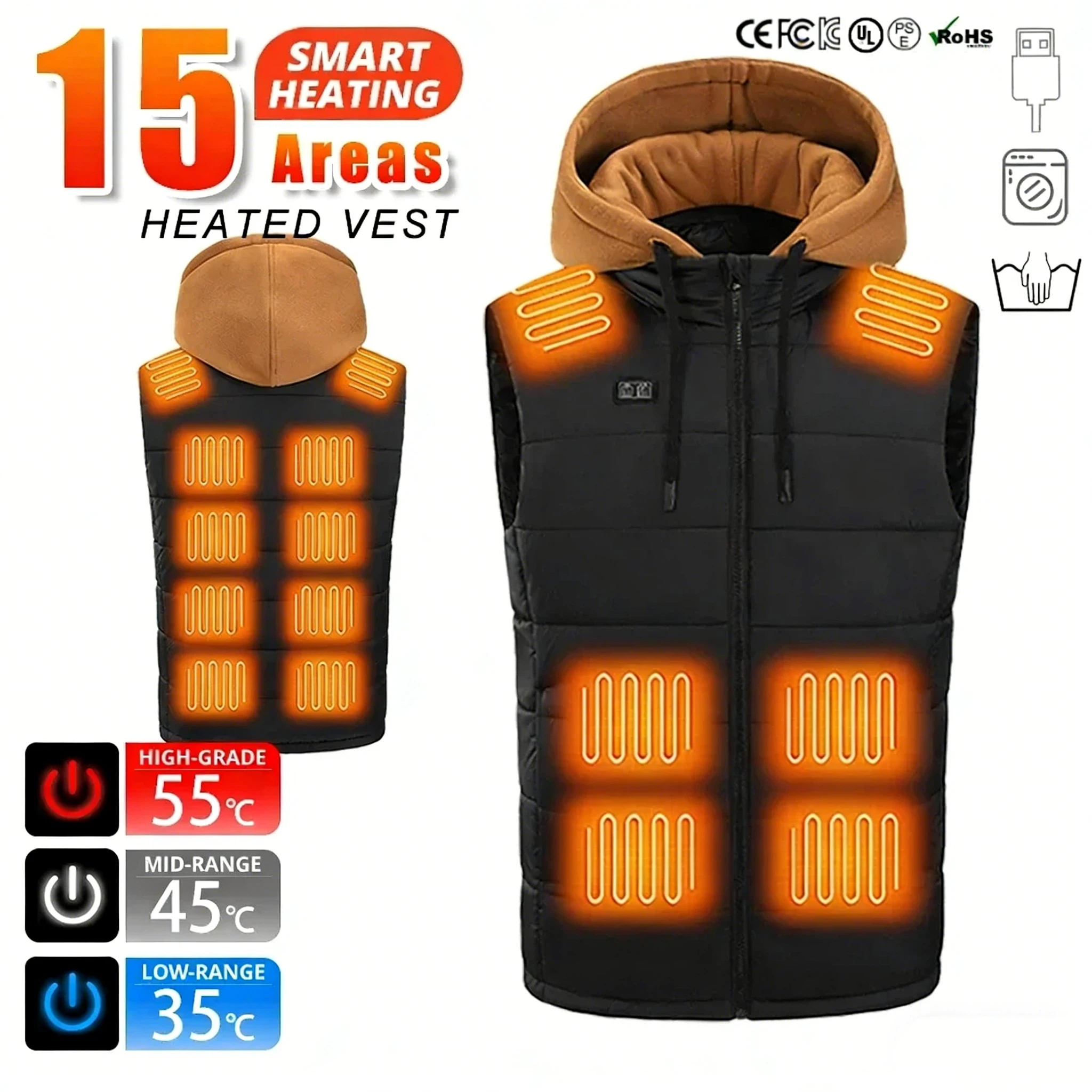 

Smart Heating Vest 15 Zone Electric Warming Waistcoat Detachable with Hood Winter USB Heated Jacket for Men Women Self Heating