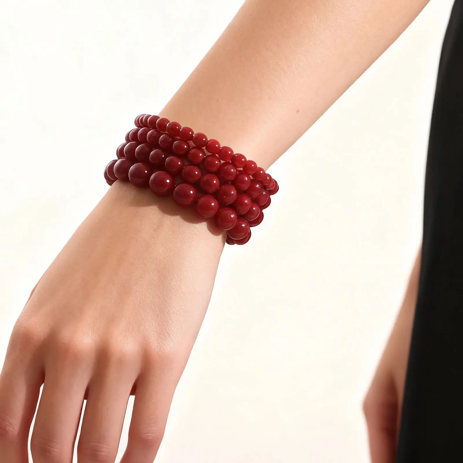 MHS.SUN Vintage Red Round Beads Bracelet Bangle for Women Men New 4/6/8/10mm Beaded Elastic Bracelets Jewelry Party Gifts - view 2