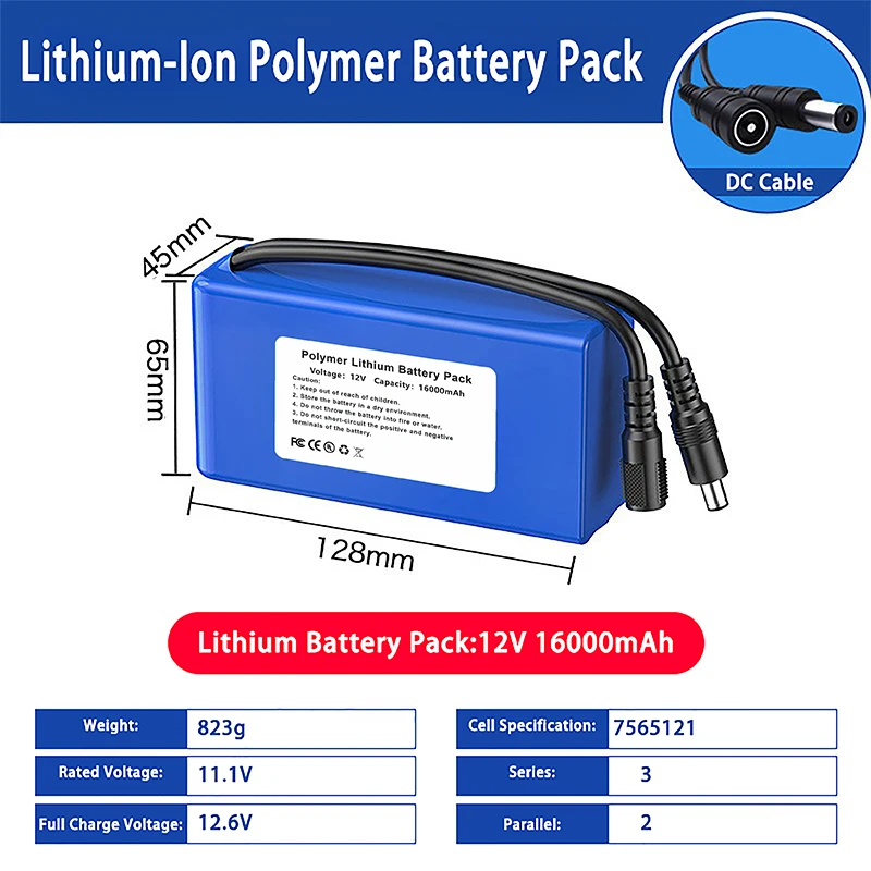 

12V 16000mAh Lithium Polymer Battery Pack 3S2P 7565121 Rechargeable Pack for LED Lighting, Solar Energy, DIY Projects