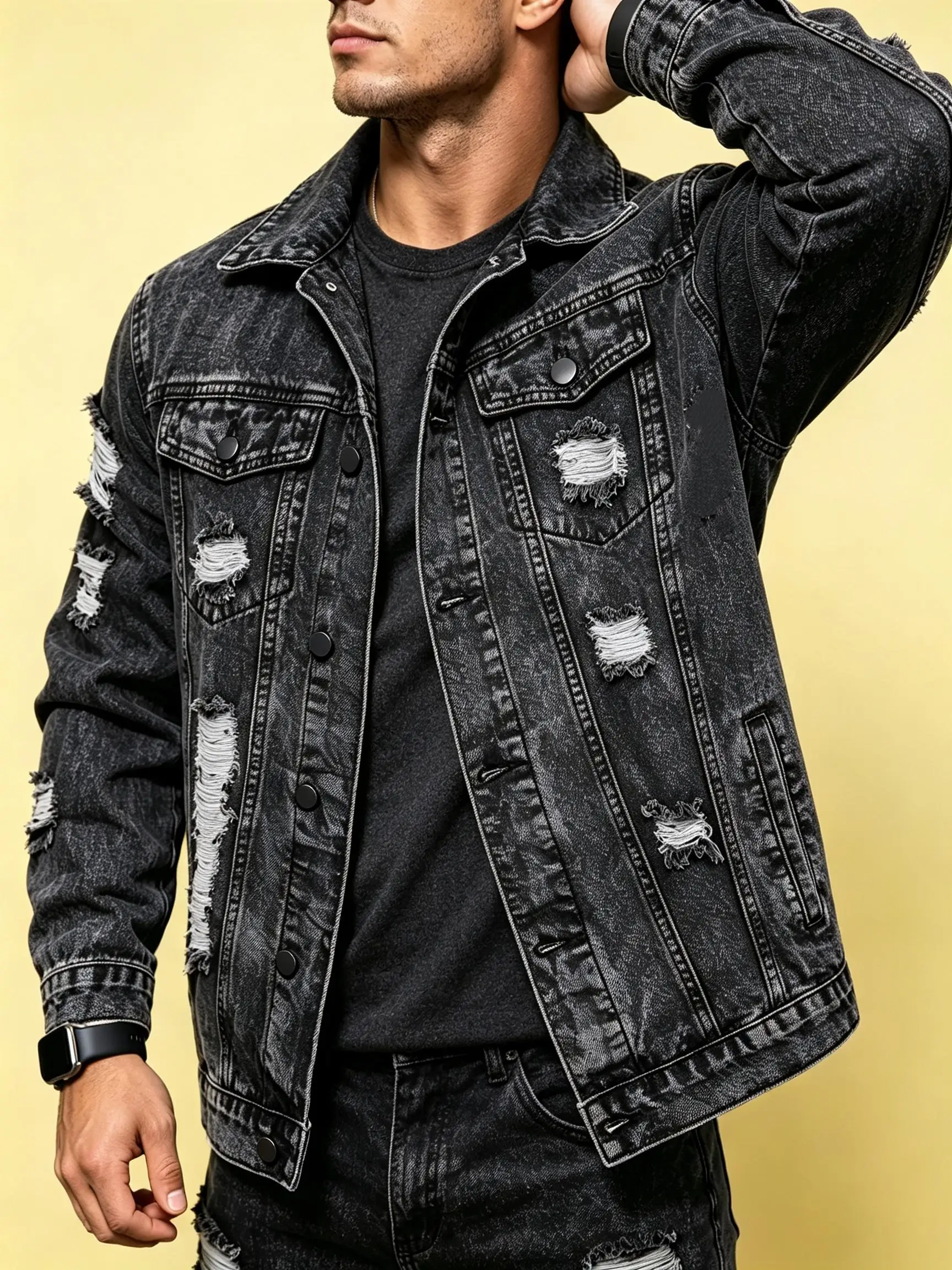 Immagine 3: Giacca di jeans con colletto stile retrò Y2K, abbigliamento esterno in stile urbano americano, regalo perfetto per fidanzato o marito.