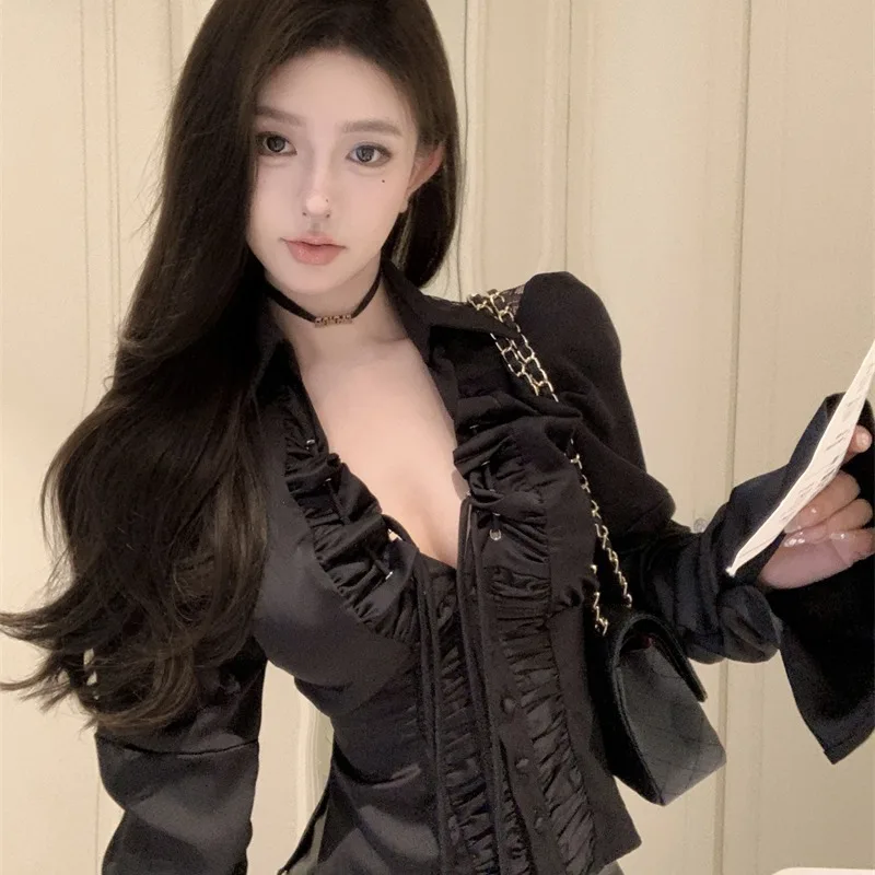 Długi top damski z koronkowymi wstawkami w kształcie litery V, z sznurowaniem, nowy, modny i stylowy na jesień i zimę.