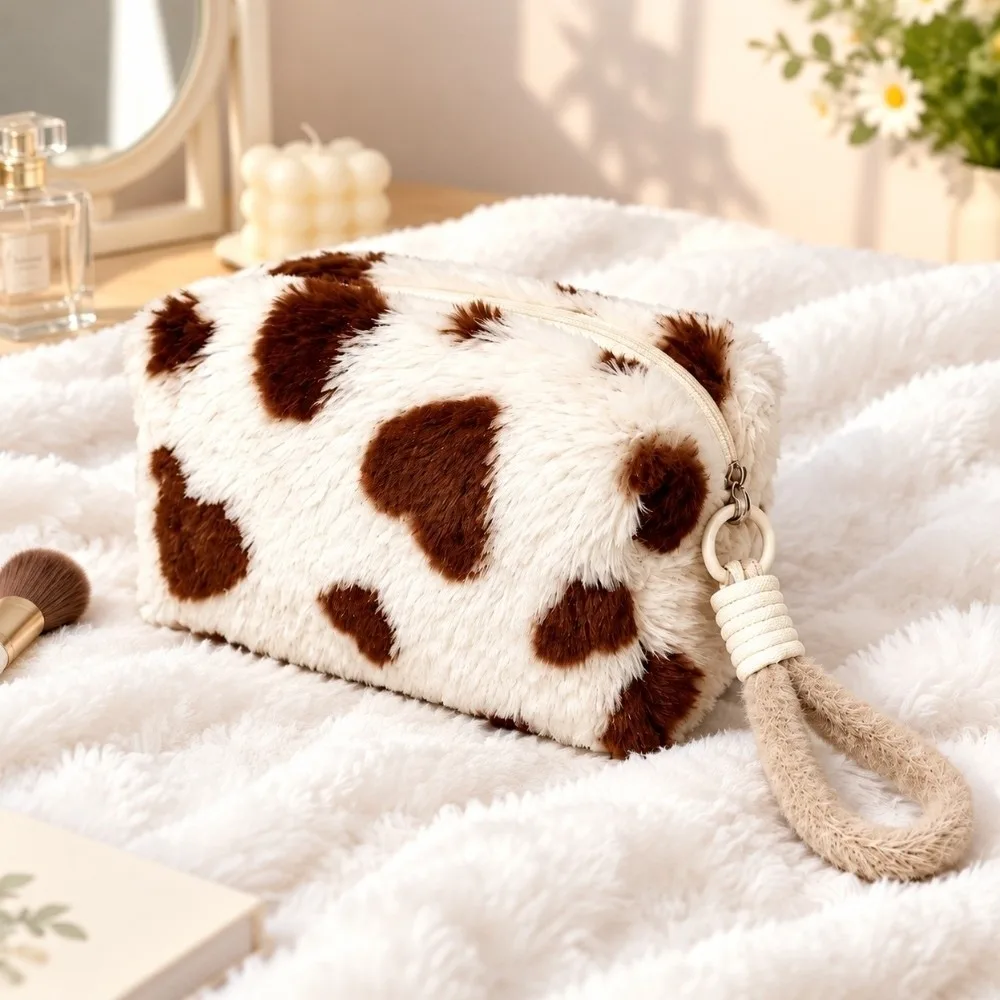 Soft Makeup Bags Heart Pattern Large Capacity Cosmetic Storage Bag With Handle Portable Cosmetic Organizer Pouch Daily Organize