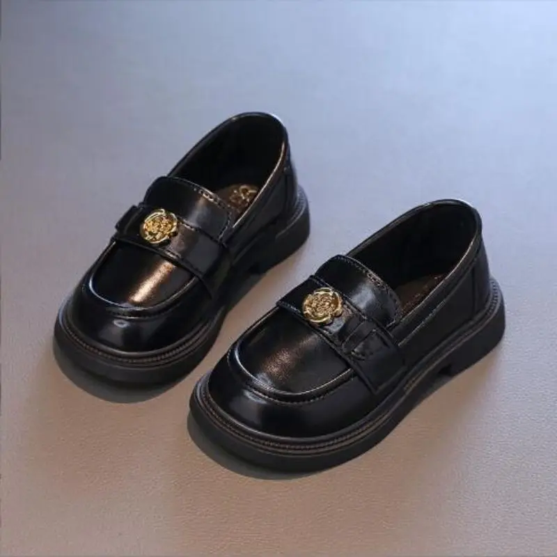 Girls' loafers children's leather shoes 2024 spring new British style princess shoes black camellia shoes