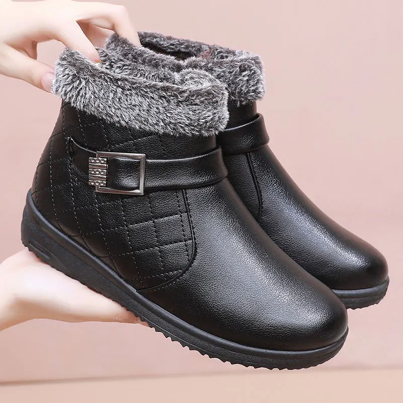 Winter New Women Leather Boots Fashion Comfortable Female Furry Ankle Boots Low Heel Non-slip Ladies Outdoor Booties Warm Shoes