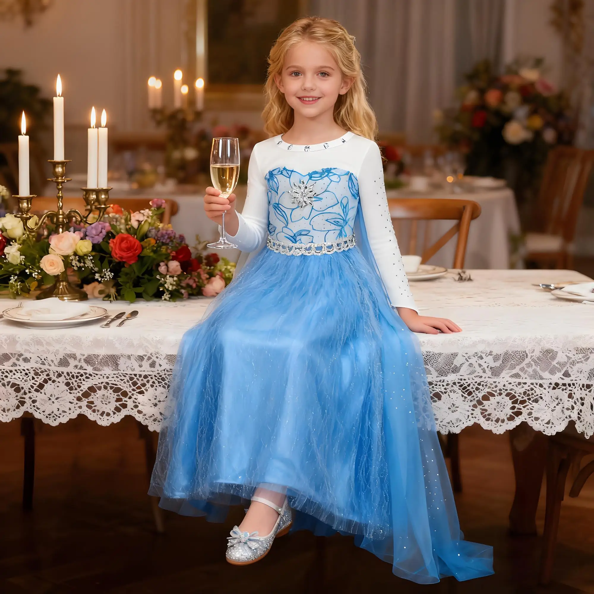 

Girl Elsa Dress Halloween Party Princess Dress Blue White Sequins Snow Queen Fancy Outfits Children Christmas Carnival Clothes