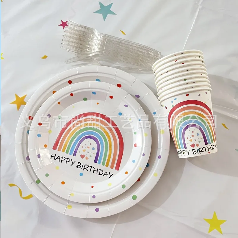 10 Stück Regenbogen Einweggeschirr Happy Birthday Teller Pappbecher Servietten Regenbogen Kindergeburtstag Party-Zubehör – Detail 2