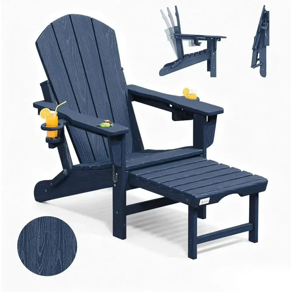 3-Level Reclining Adirondack Chair with Ottoman, Weather-Resistant HDPE Patio Furniture, Navy Blue