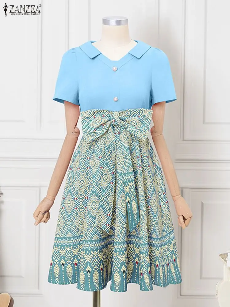 ZANZEA 우아한 리본 드레스 여성 여름 프린팅 보헤미안 썬드레스 2025 패션 반팔 A라인 캐주얼 루즈 파티 로브