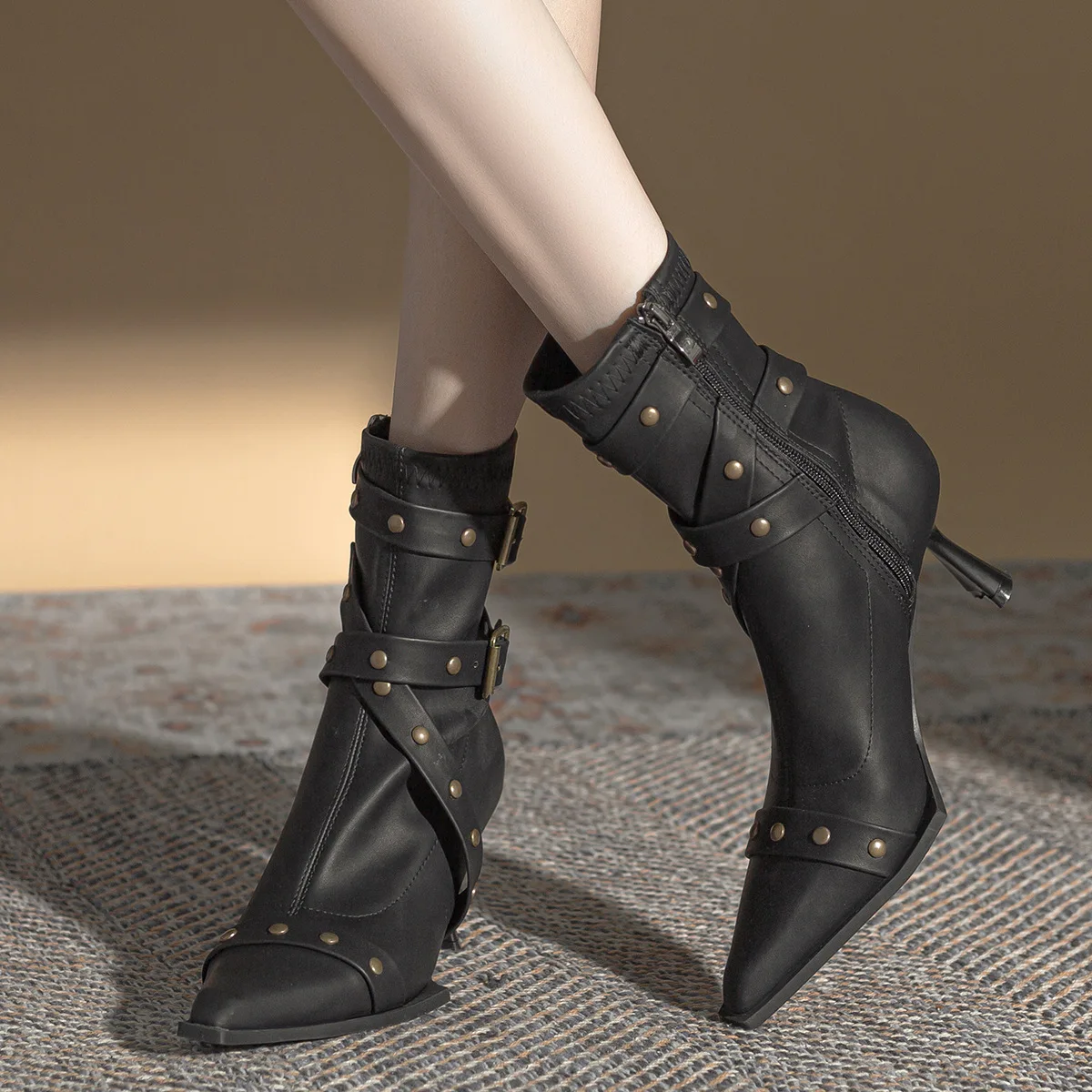 Ankle Boots Autumn Winter Fried Street Belt Buckle Riveted Square Head Shoes Cowboy High Spike Heels Mid-leg Boots For Women