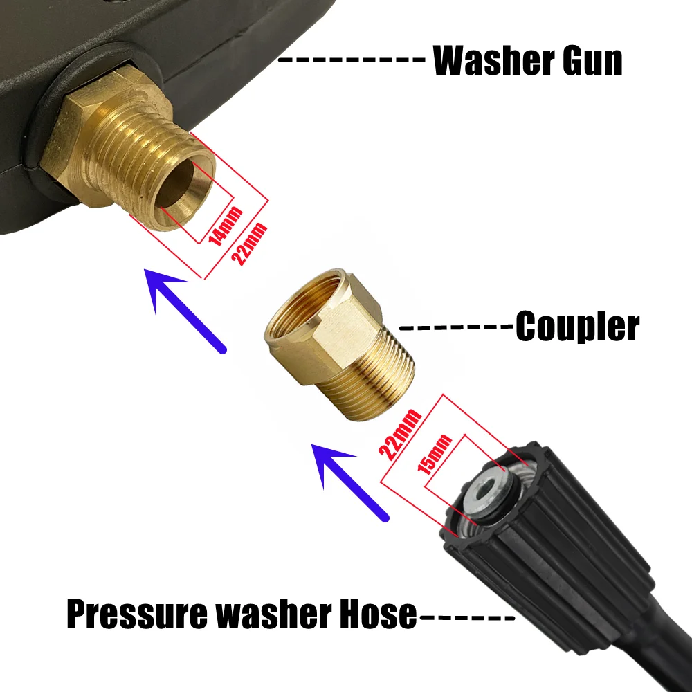 真ちゅう製ホースノズルアダプター、オススレッド、高圧洗浄機、ガン接続、m22 14mmメスからm22 15mm