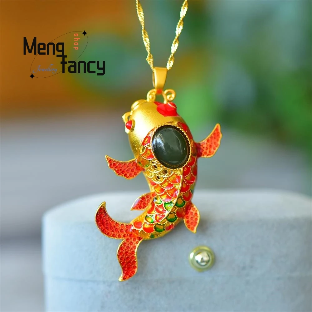 

Natural Hetian Jade Fish Leaping Dragon Gate Pendant With Enamel Colour Exquisite Mascot Best Selling High-grade Fashion Jewelry